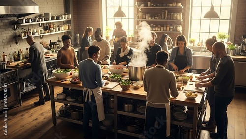 Group Cooking Together in Kitchen.