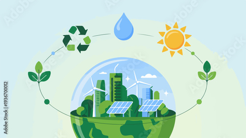 Eco friendly cityscape with solar panels and green environment symbolizing sustainable living and renewable energy sources in a futuristic urban setting