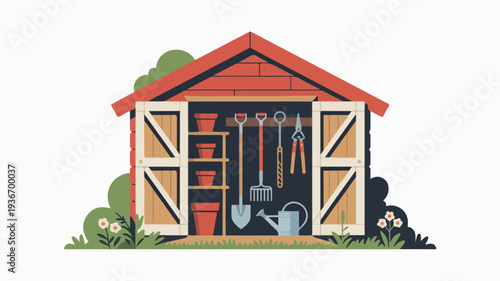 Colorful garden shed with tools and equipment for gardening and maintenance on a sunny day outdoors
