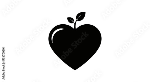 Solid black heart with leaves icon symbolizing love and nature on isolated white background