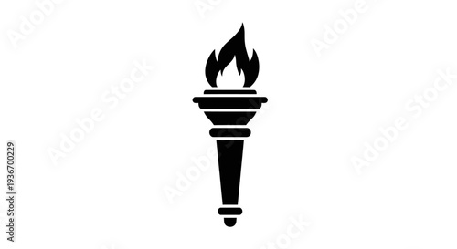Classic Olympic Torch with Burning Flame Silhouette, Isolated White Background