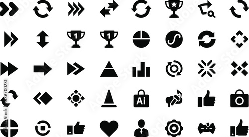 Navigation arrows, media controls, trophy awards, social and app icons collection, vector illustration