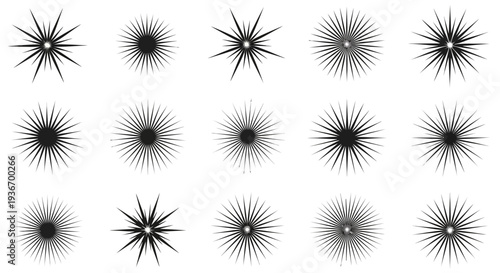 Various Black Starburst and Spark Shapes Collection, Graphic Design Elements on Isolated White Background
