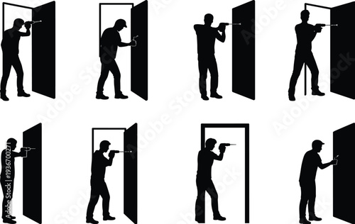Handyman installing interior door lock silhouette set, carpenter using drill for home renovation, construction worker vector illustration isolated on white background