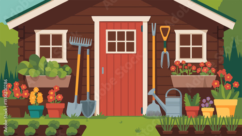 Cozy garden shed with gardening tools and colorful flowers in pots on green grassy lawn