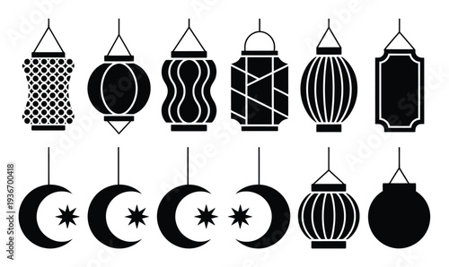 Collection of Hanging Lanterns and Crescent Moons with Stars
