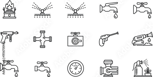 Water irrigation firefighting and spray equipment outline icon set faucet sprinkler hose pump vector symbols collection