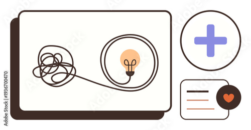 Problem-solving, creativity, brainstorming, organization, healthcare, innovation. Tangled line leading to lightbulb, plus sign and note. Problem-solving and creativity concept