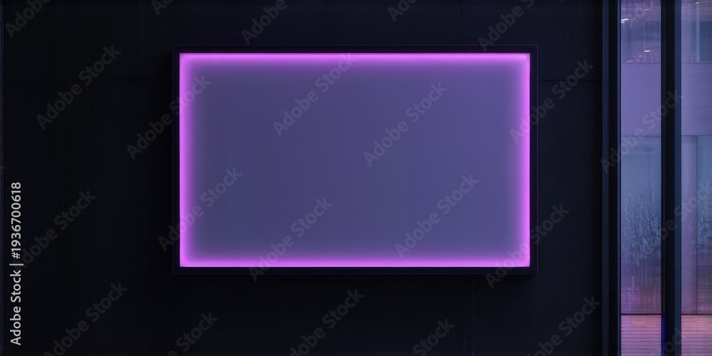 Fototapeta premium Rectangular screen glows purple against dark wall. Minimalist design, modern aesthetic, ambient lighting creates dramatic effect. Interior space visible beyond.