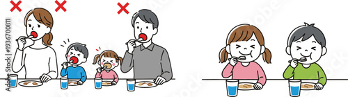 Family table manners vector illustration children learning proper eating behavior good and bad examples during meal at dining table