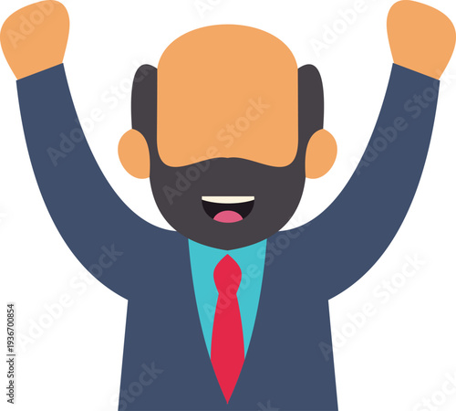 Businessman with a beard and suit raising arms, smiling, and celebrating a goal or victory