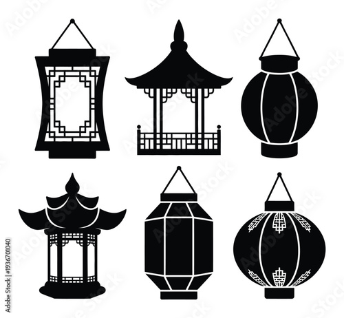 Collection of Traditional Chinese Lanterns and Pagoda Silhouettes