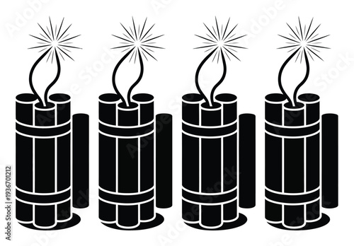 Four Black and White of Dynamite Sticks with Fuses Lit