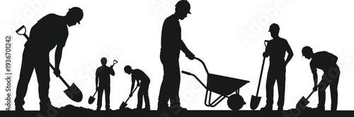Manual construction workers digging soil silhouette set, labor team with shovels and wheelbarrow, industrial excavation vector isolated on white background