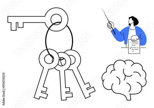 Large keyring with keys, brain symbolizing creativity, person explaining with paper and pointer. Ideal for education, learning, success, unlocking potential, intelligence solutions strategy. Simple