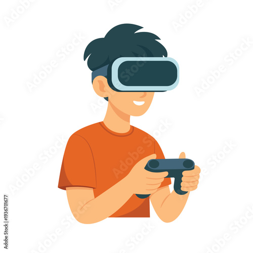 Boy wearing VR headset and playing with a game controller, enjoying immersive virtual reality gaming experience. Simple flat style. Illustration isolated on white background