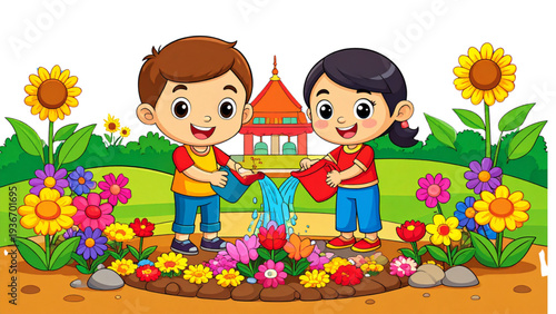 Two little girl play in the ground 