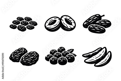 Collection of dried fruits and berries in a simple black and white illustration style
