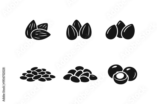 Collection of simple black and white icons representing various nuts and seeds