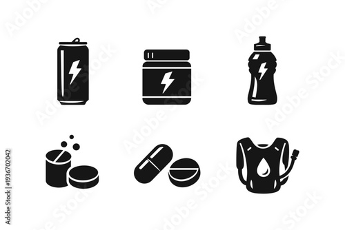 Collection of black icons representing sports nutrition and hydration products