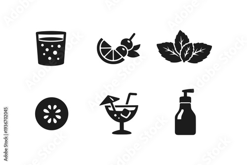 Icons of refreshing drinks, garnishes, and ingredients for cocktails
