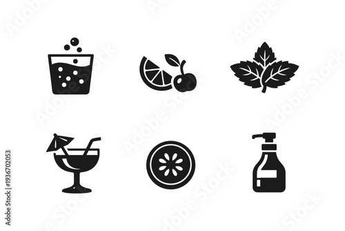 Collection of six simple black icons representing drinks, fruits, and liquids