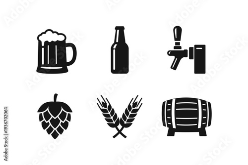 Collection of black and white icons representing beer and brewing elements