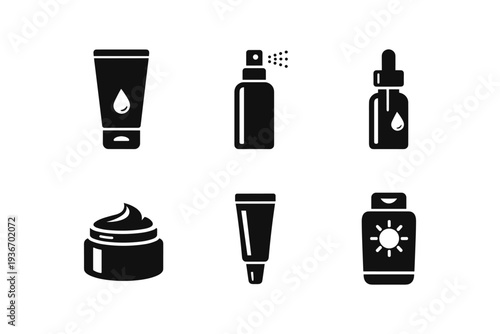 Collection of skincare product icons including cream, spray, serum, and sunscreen
