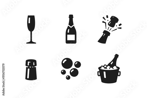Collection of black champagne icons including a glass, bottle, cork popping, and ice bucket