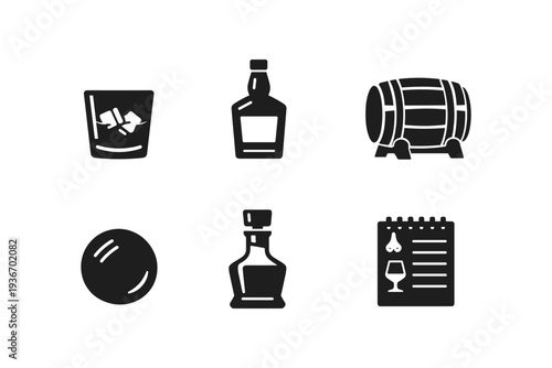 Stylish icons representing whiskey and drinking accessories
