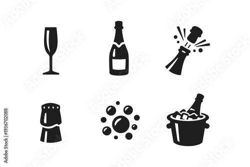 Collection of champagne and celebration icons including a glass, bottle, cork, bubbles, and ice bucket