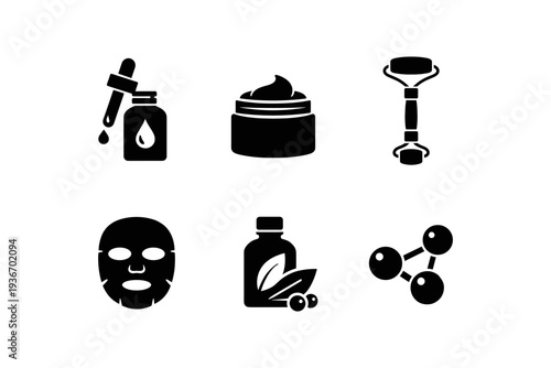 Collection of black icons representing skincare and beauty products and tools