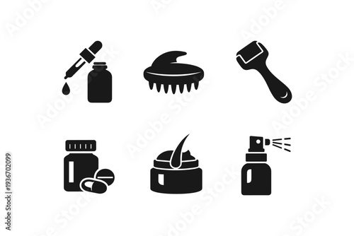 Hair growth treatment products and tools icon set for health and beauty