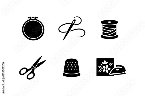 Collection of sewing and embroidery icons including scissors, needle, thread, and iron