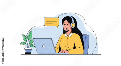 Friendly customer support representative with a headset works on her computer in a clean flat illustration style for business websites.