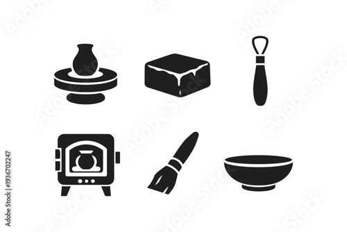 Collection of pottery making tools and equipment icons on a white background