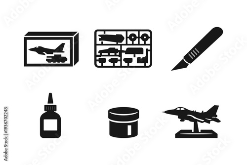 Model building kit icons: airplane, parts, tools, glue, paint, and finished model
