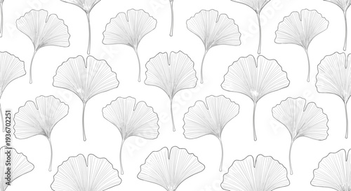Elegant seamless pattern featuring intricate line art of ginkgo biloba leaves arranged in a repeating decorative background design.