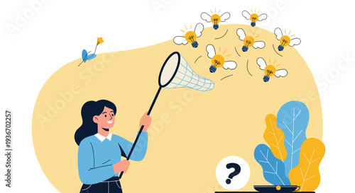 Creative woman uses a butterfly net to catch flying lightbulbs representing the process of capturing new ideas and inspiration.