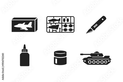 Hobby model kit assembly tools and components icons for crafting airplanes and tanks