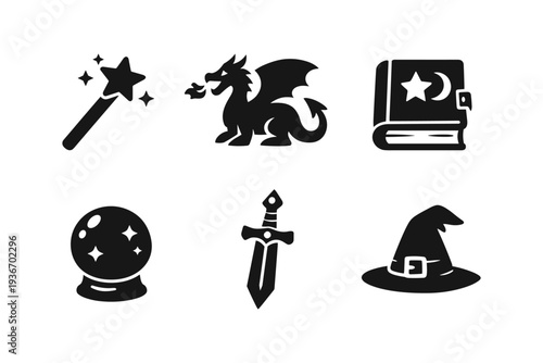Fantasy icons: magic wand, dragon, spellbook, crystal ball, sword, and witch hat