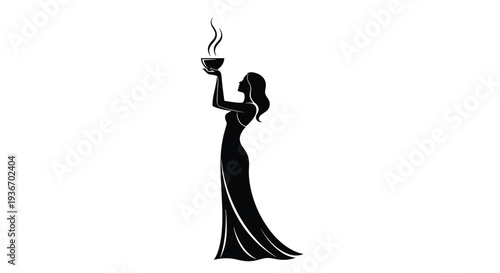 Silhouette of a graceful woman in a long dress holding a steaming bowl of food or tea symbolizing health, wellness, and tradition.