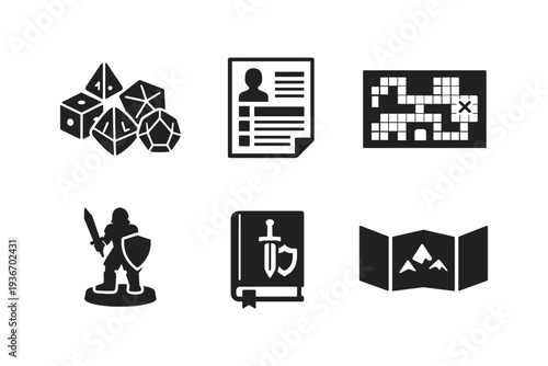 Collection of icons representing elements of tabletop role-playing games