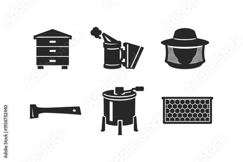 Essential beekeeping tools and equipment in silhouette style