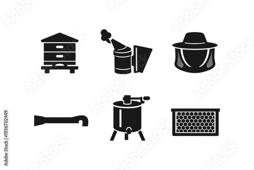 Collection of beekeeping equipment icons, including hive, smoker, veil, frame, and extractor