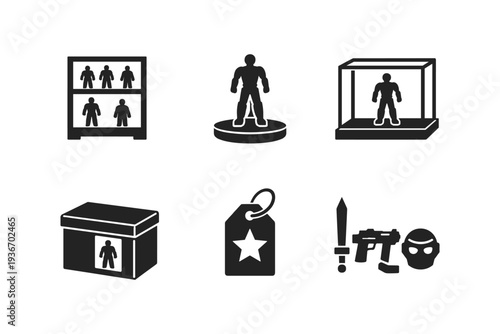 Collection of stylized icons representing toys, collectibles, and display items