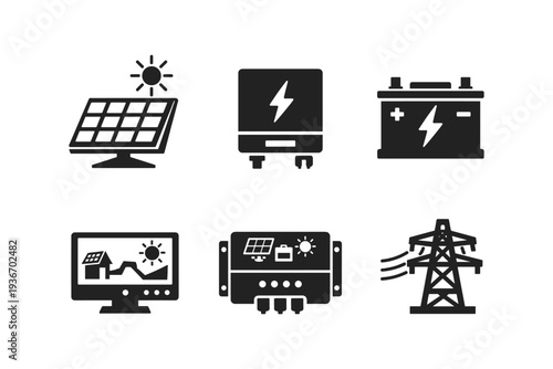 Solar energy system components icons: panel, inverter, battery, monitor, controller, pylon