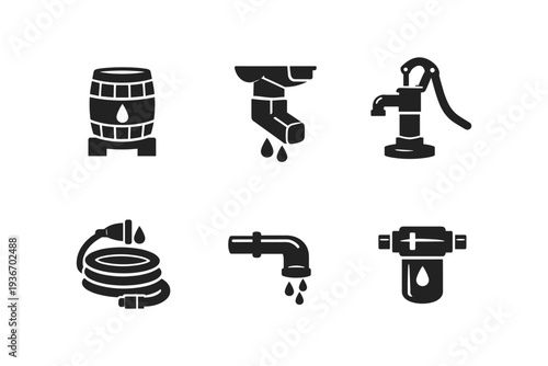 Collection of six black and white icons representing water supply and drainage systems