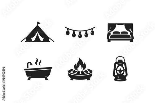 Collection of camping and glamping icons including tent, string lights, bed, bathtub, fire pit, and lantern