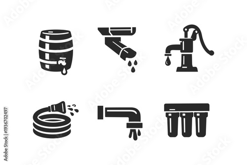 Collection of water-related icons including a barrel, pump, hose, and filter